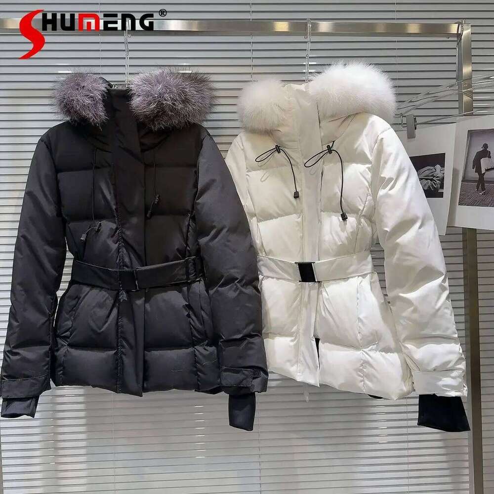 Women's 2024 Winter New Socialite Temperament Fox Fur Collar Top Hooded Belt Warm Jacket Female Long Sleeve Down Coats High quality, fashionable,