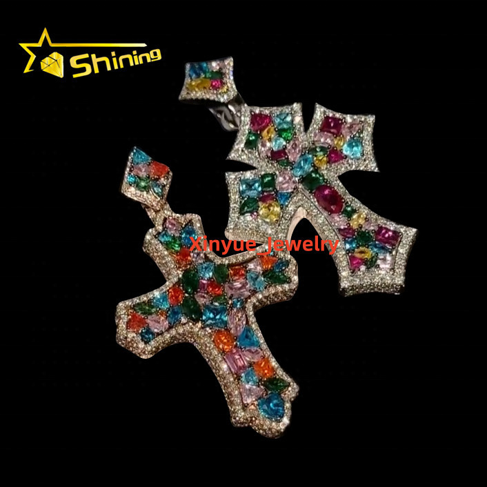 Charm Hip Hop Jewelry 925 Sterling Silver Prong-Set Multi-Gems VVS Moissanite Color Diamond Iced Out Custom Cross Pendants