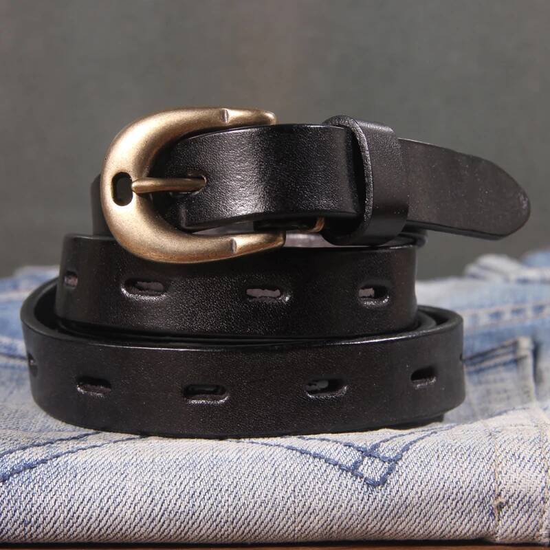 Retro Genuine Leather Women's Pure Copper Button Western Cowboy Style Brands Jeans Fashion Women Belt