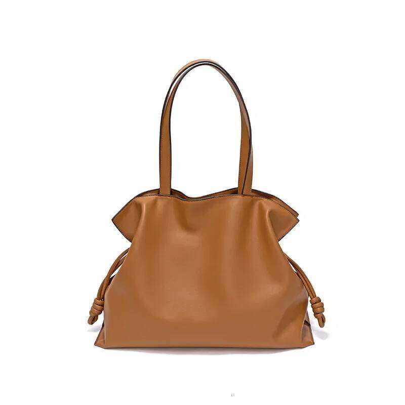 Small Leather Female Fold Shoulder Draw Rope Tote Simple New Korean Fashion Cowhide Big Ziplock Bag