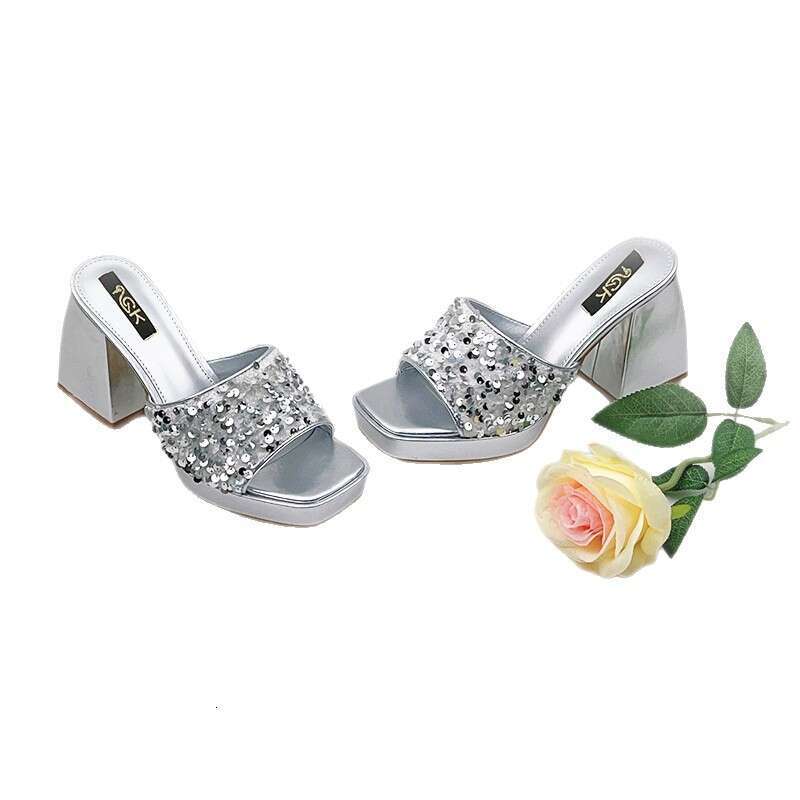 Super Slippers New Style Internet Celebrity Sequin Chunky Heel Elegant High-End Waterproof Platform Square Toe Extreme High Sandals for Women