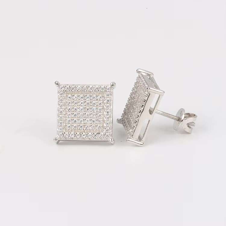Hip Hop 925 Sterling Silver Iced Out D Color VVS Moissanite Earrings Screw Back Geometric Square Shape Ear Studs
