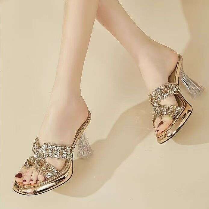 2025 Fashionable Elegant Stiletto High Heels for Women Summer Outdoor Silver Shiny Sandals Height Increasing Shoes