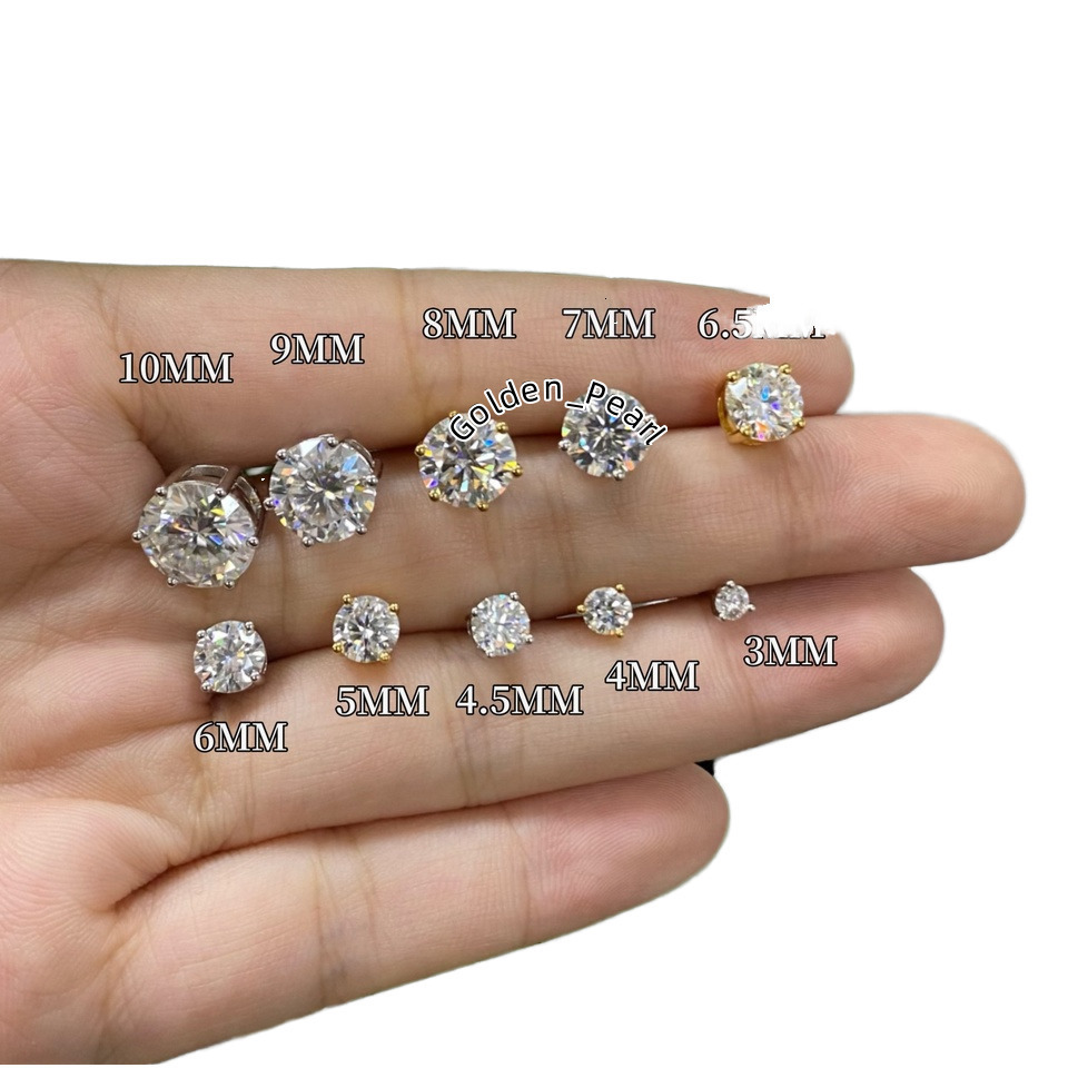 Certified Round Moissanite Stud Earrings Sterling Silver White Gold with Screw Back Pass Diamond Tester Certified