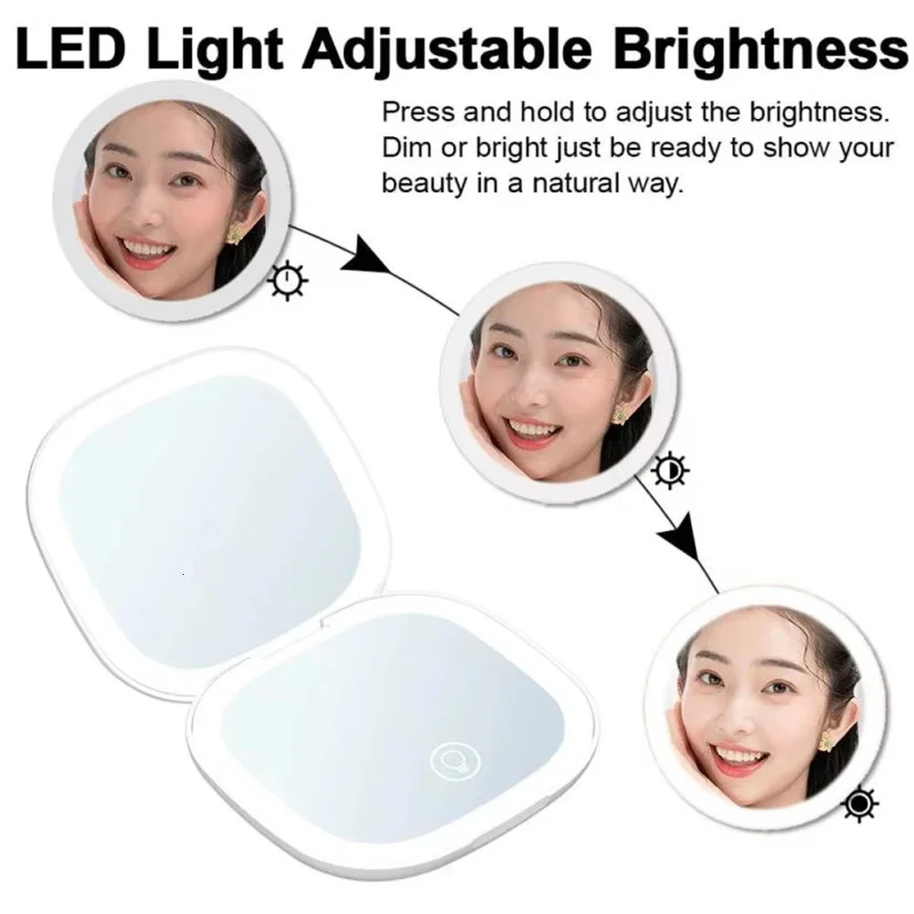 2 Face Sides Touch Compact Led 3 Colors Mini Foldable Cosmetic Charge Makeup Mirror With Light 5X Magnifying Compact Handheld 250530