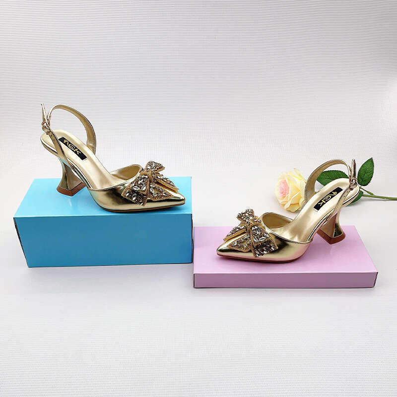 Spring French Style One-Strap High Heels for Women, Thin Heel, Hollow Pointed Toe, Comfortable Rhinestone Bow Wedding Shoes