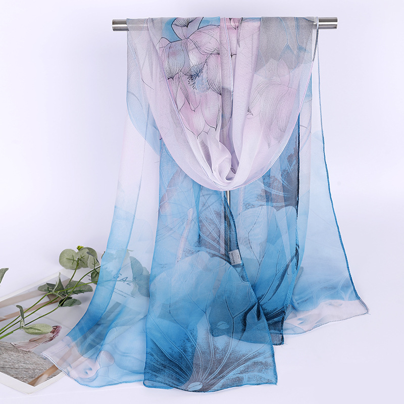 K887New thin georgette ink lotus gauze scarf spring and summer sun protection literary decorative scarf long scarf for women