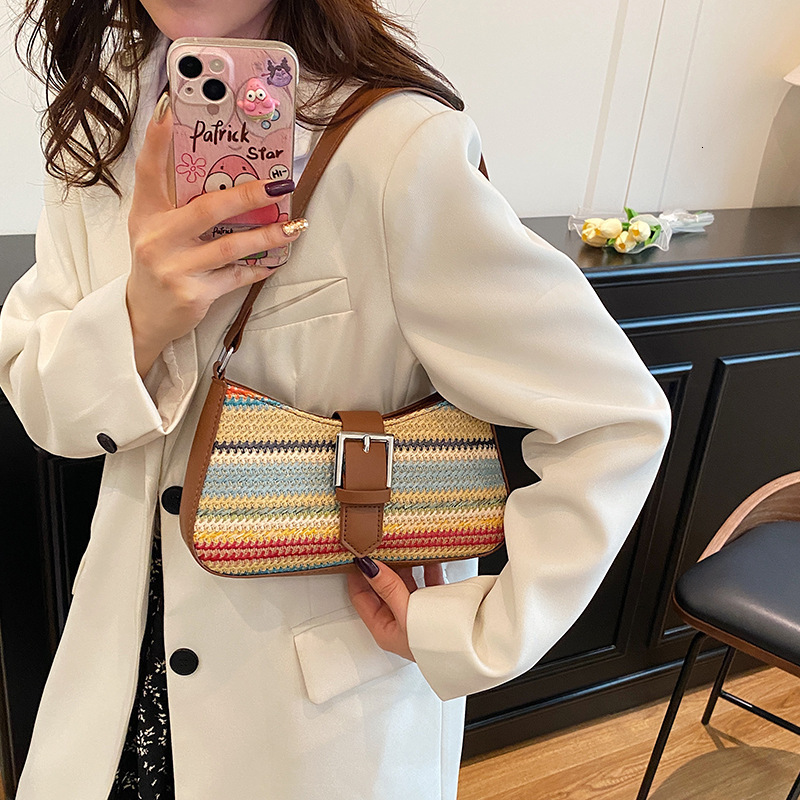 Korean Style Simple Rainbow Woven Bag Designer Shoulder Shopping Bag Shoulder Bag 2025 Free Shipping Summer New Fashion Underarm Personality Ins Style