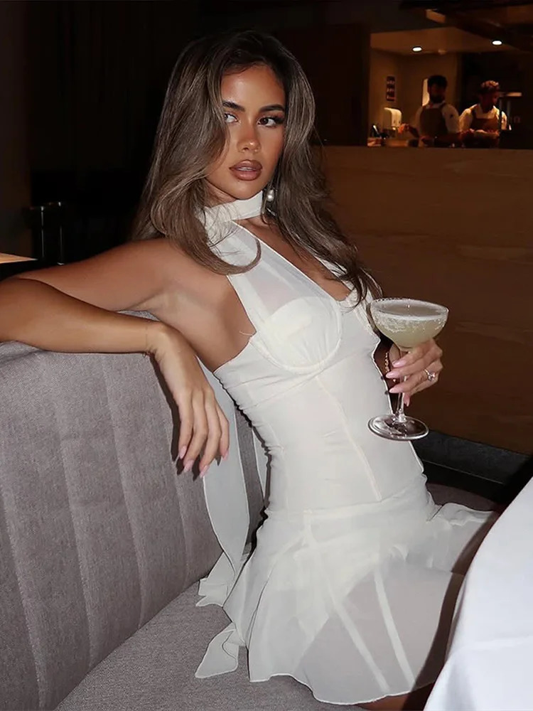 Solid Color Neck Hanging Tube Top Perspective Layered A-Line Short Skirt Set Womens Elegant Summer Fashion Mini Skirt Suits 250530