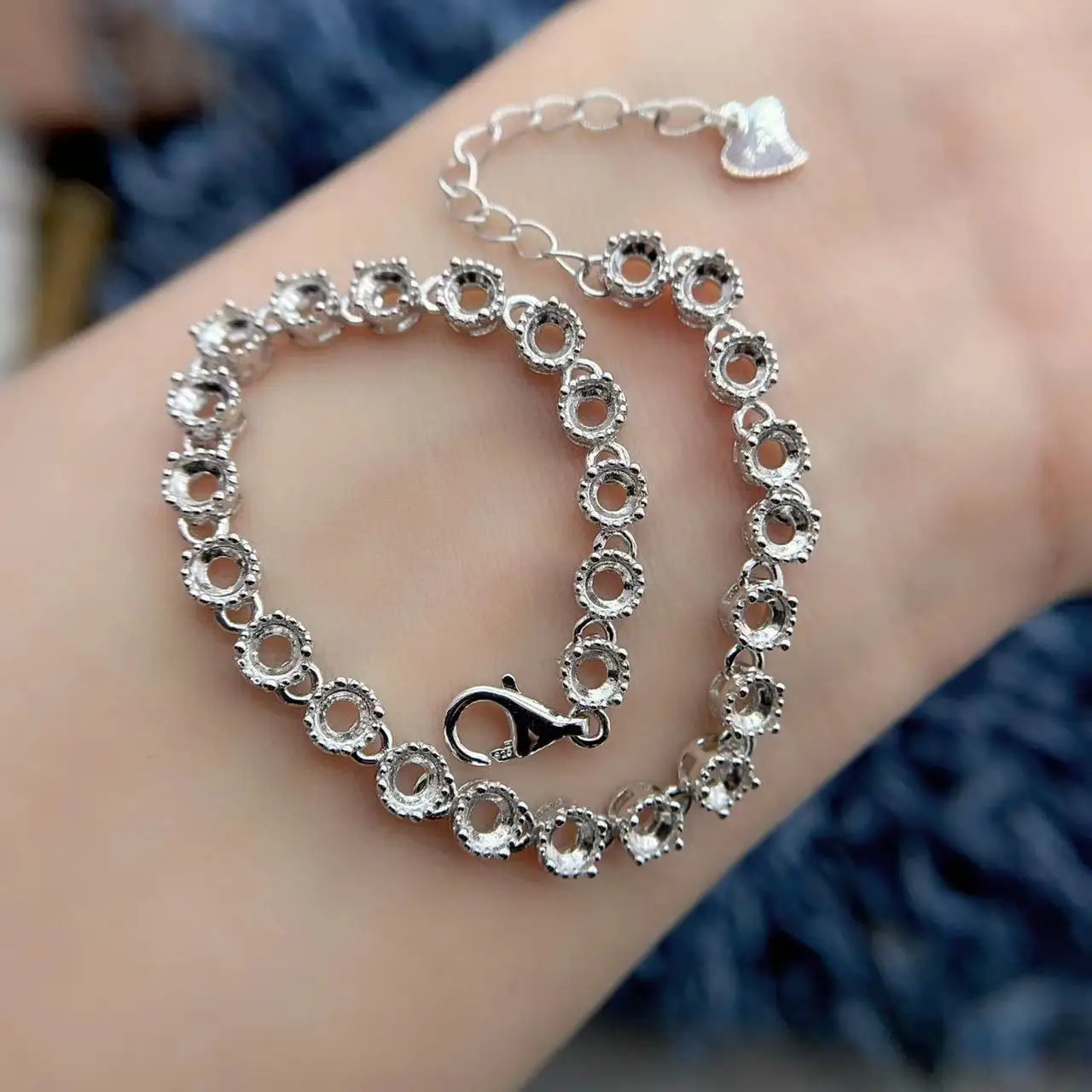 MeiBaPJ Inlay Round Shape 3 * 3mm 26 Pieces Sterling Silver DIY Empty Bracelet Women Full Diamond Weddings Charm Jewelry 250528