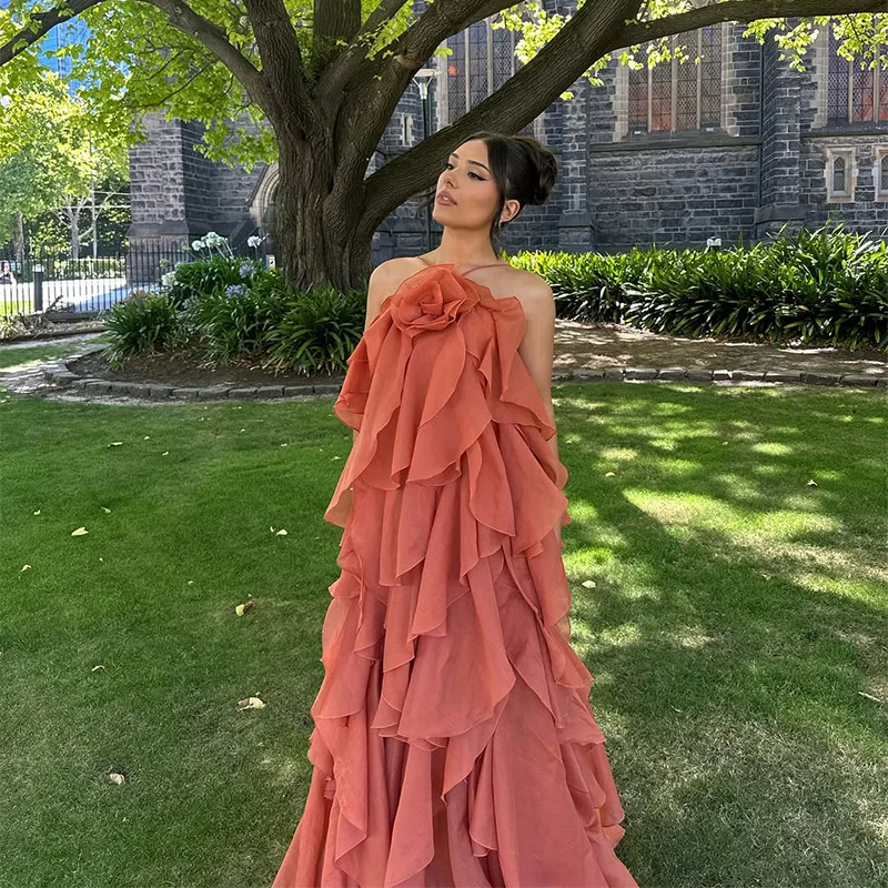 Women Casual Dresses Sexy Ruffles Long Dress Women Flower Backless Sleeveless Solid Party Beach Dresses Female 2025 Summer Lady Multi Layers Robes