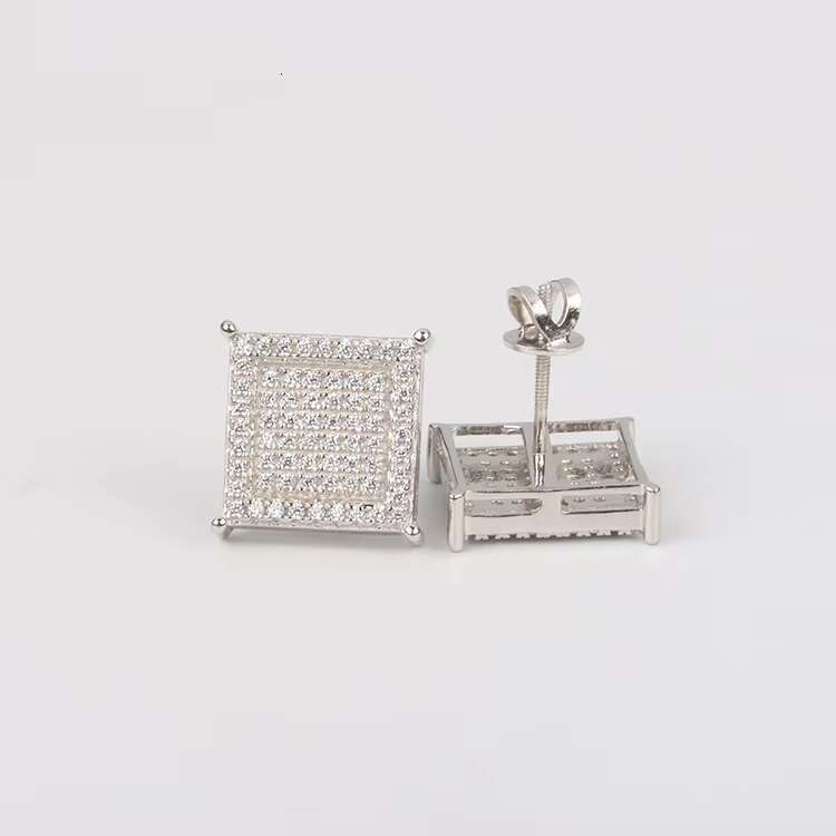 Hip Hop 925 Sterling Silver Iced Out D Color VVS Moissanite Earrings Screw Back Geometric Square Shape Ear Studs