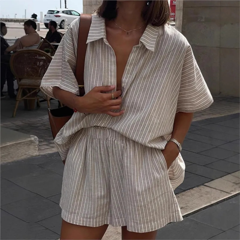 Casual Stripe Shirt Sets Women Summer Short Sleeve Shirt Top Shorts 2 Piece Set Womems Suit Loose Fashion Street Lady Outfit 250527