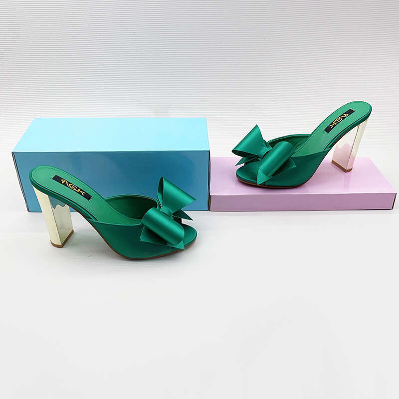 Fashion Shoes 2025 Spring New Open-Toe Bowknot Chunky High Heel Slippers High-End Feel Age-Reducing