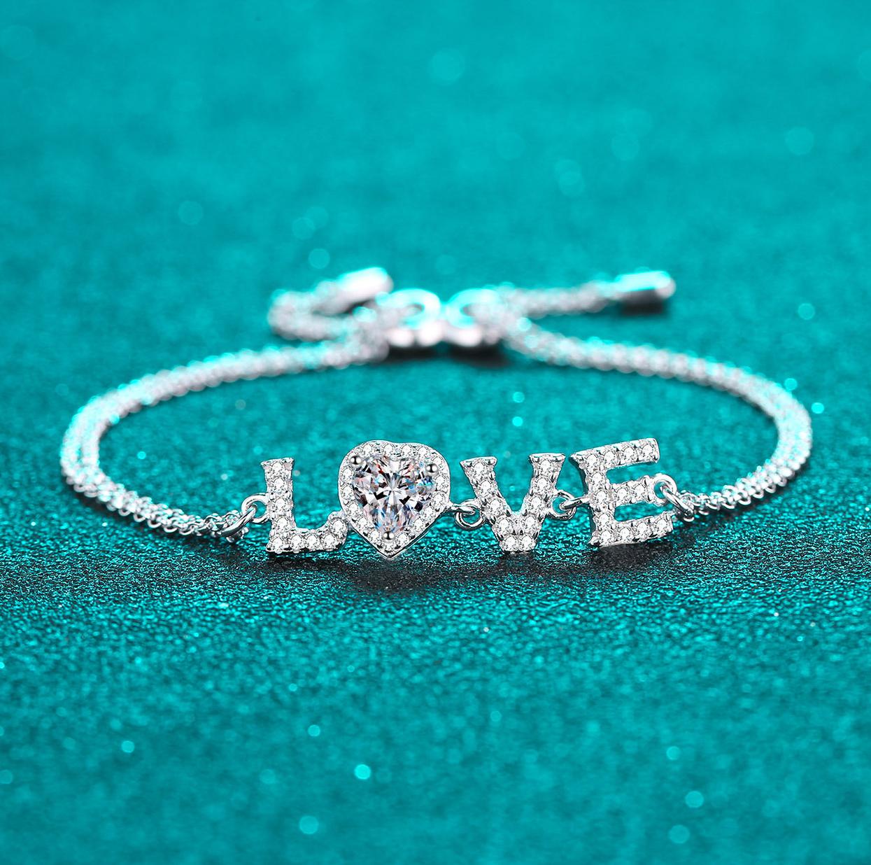 925 Sterling Silver LOVE Bracelet with Heart-Shaped Moissanite, Platinum Plated, Adjustable Chain, Perfect Gift for Valentine's Day