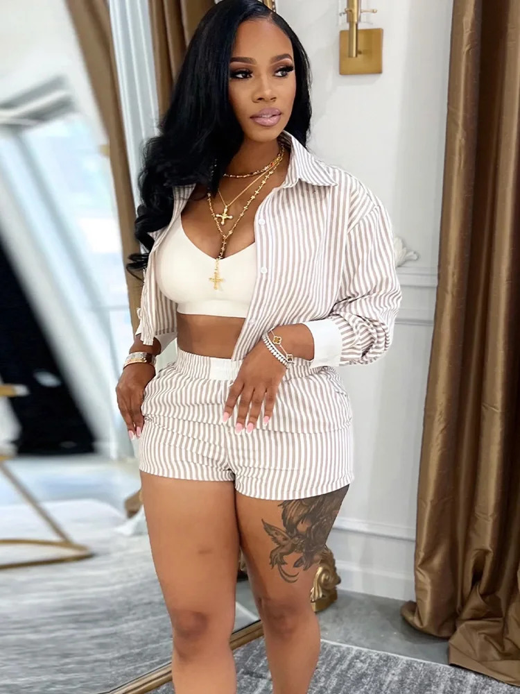 Beyprern Womens Red Striped Blouse Shirt Top And Matching Shorts Set Summer Tracksuits Set 2 Piece Outfits Workout Overalls 250527