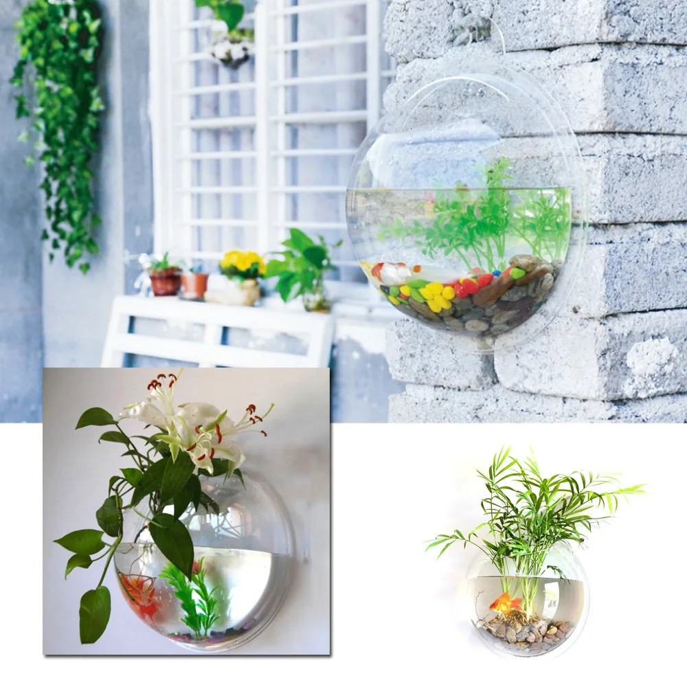 Fish Tanks Home Decoration Wall Mount Fish Tanks Goldfish Bowl Acrylic Hanging Aquariums Flowerpot Flower Vase 15/23CM 250530