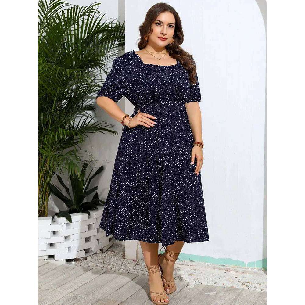 GIBSIE Plus Size Polka Dot Puff Sleeve Square Neck Dress Summer 2024 Women Vintage Casual Holiday Ruffle Hem Long Dresses High quality, fashionable, l
