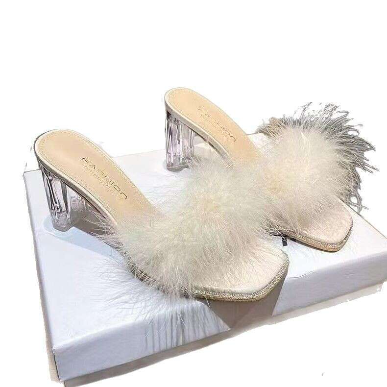 Fairy Style Outdoor Furry Sandals for Women Summer 2025 New One-Strap Crystal Chunky Heel French High Heels 2060-8