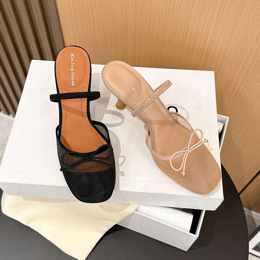 396-1 Sexy Mesh One-Strap High Heel New Fashion Shallow Transparent Bowknot Backless Shoes for Women