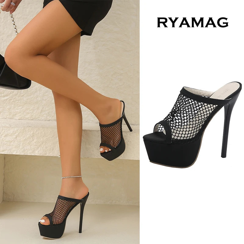 Slippers for Women Size 35-42 Platform Mules Breathable Mesh Peep Toe Extreme High Heels Sandals Summer Shoes Lady Pumps 250528