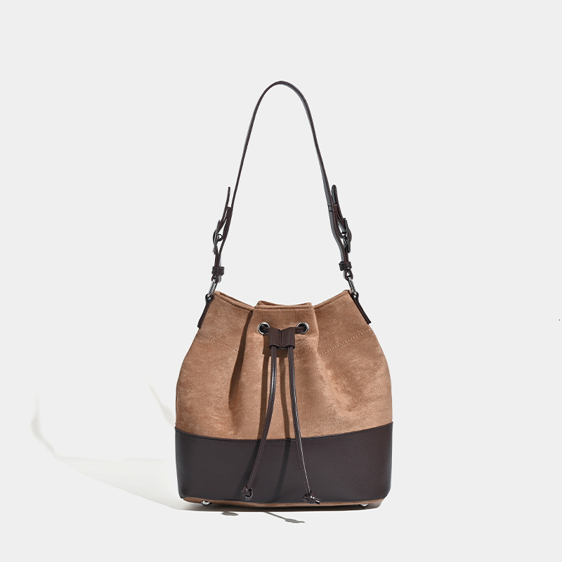 designer Korean Style Women's Niche Design Suede and Leather Handbag Bucket Bag Autumn Winter Retro New Fashion Patchwork Shoulder Bag