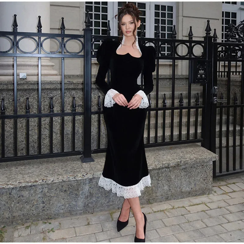 Casual Dresses Spring Vintage Square Collar Puff Sleeve Women Dress Patchwork Slim Pleated Lady Maxi Dresses 2025 Elegant Spring Vintage Female Vestid