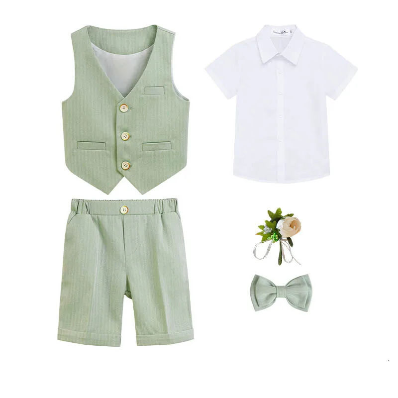 Children Summer Cool Green Pography Suit Kids Vest Shirt Shorts Bowtie Ceremony Costume Boys Breathable Slim Wedding Dress 250527a