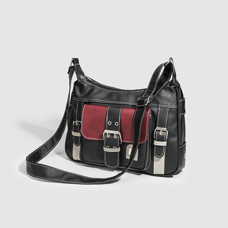 designer Vintage Retro Bag Personality Soft Leather Y2K Hot Girl Motorcycle Bag Women 2025 New Color-Block Shoulder Crossbody Bag Trendy