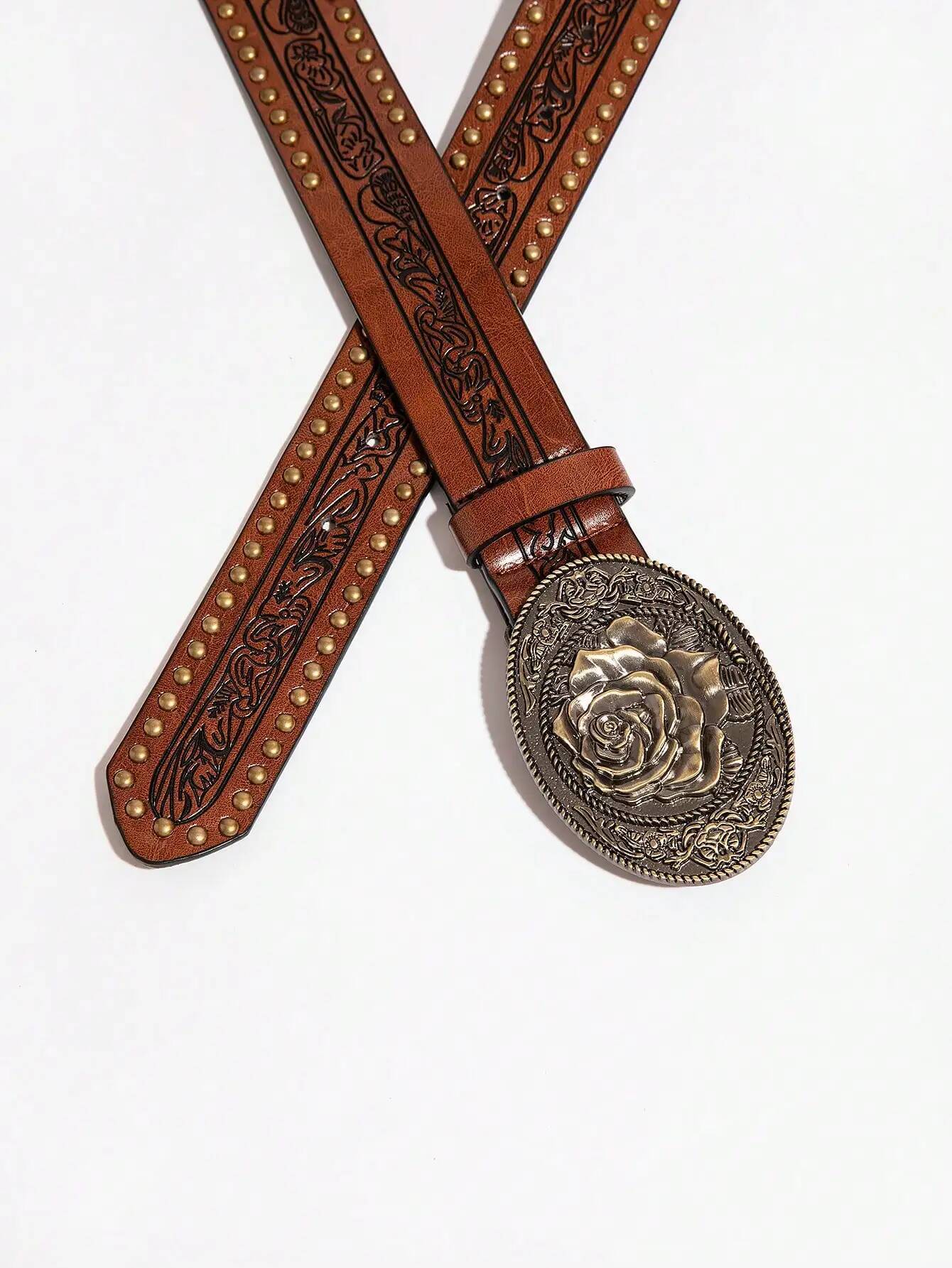 1pc men's vintage casual carved rose metal buckle color matching flower emed rivet jeans accessories belt suitable for