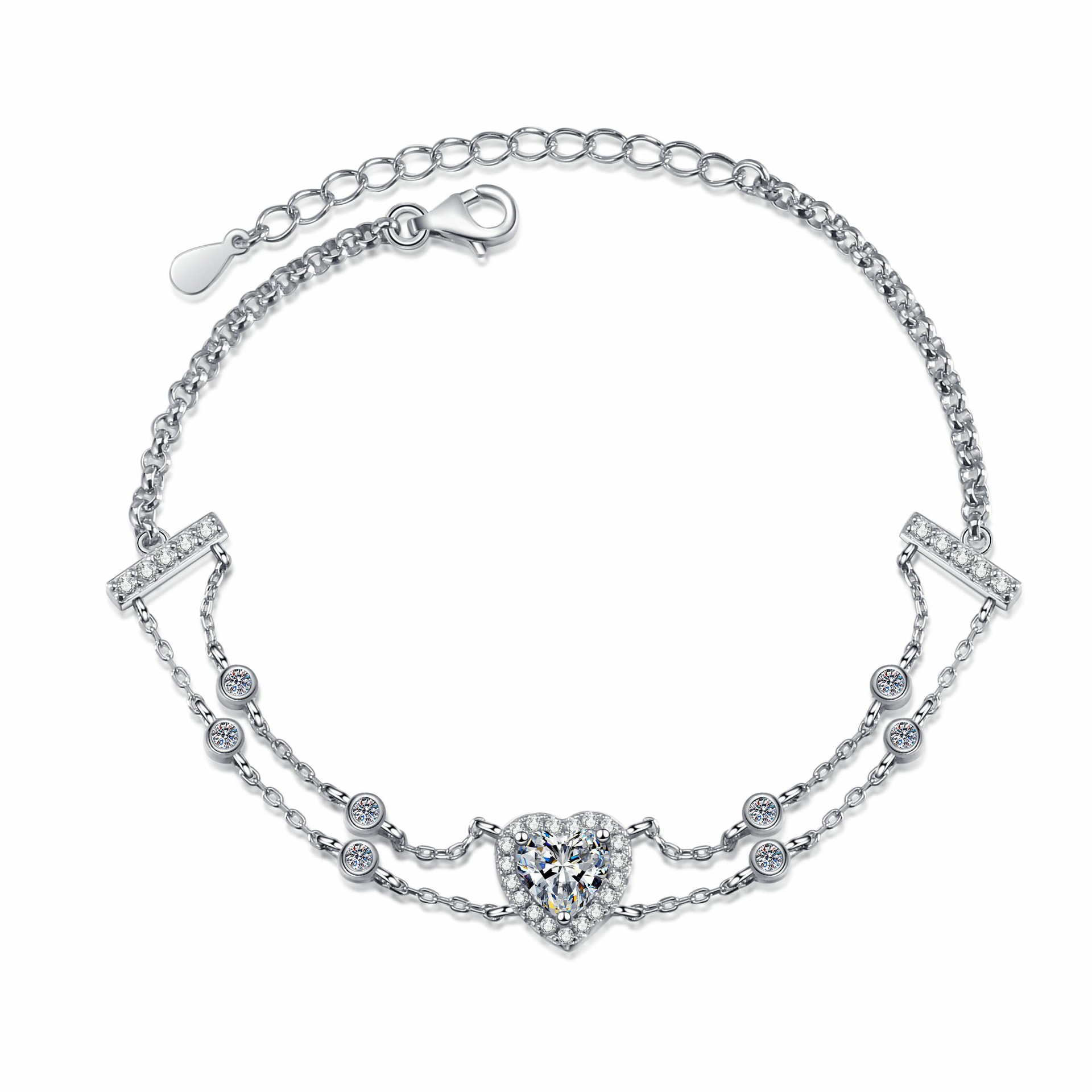 925 Sterling Silver Heart-Shaped Moissanite Bracelet for Women, Blue Center Stone, Adjustable Double Chain Design, Cute and Elegant Jewelry Gift