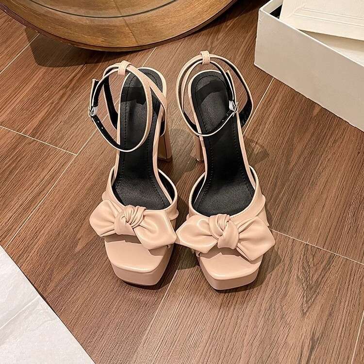 Barbie High Heels Shorty Thick Sole Height Increasing Bowknot Sandals Women 2025 Summer Chunky Heel Match Skirt One Strap