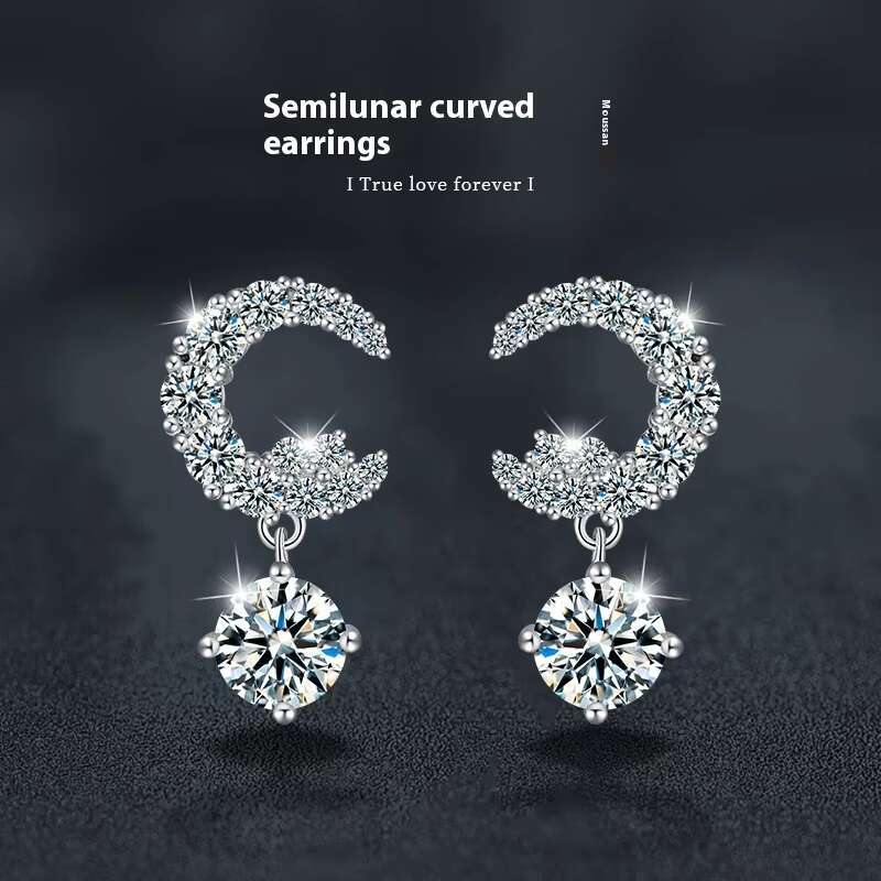 Fine Jewelry S925 Sterling Silver Inlay 1Ct Moissanite Drop Dangle Earrings Light Luxury Crescent Moon Stud Earrings
