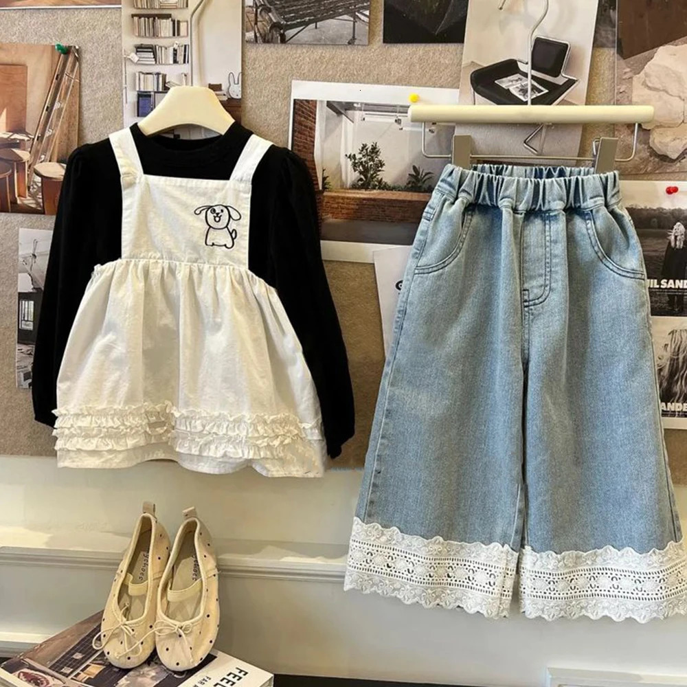 Bear Leader Girls Straight Lace Jeans Summer Childrens Versatile Wide Leg Pants Sweet Casual Pants Fashion Girl Jeans Clothes 250527