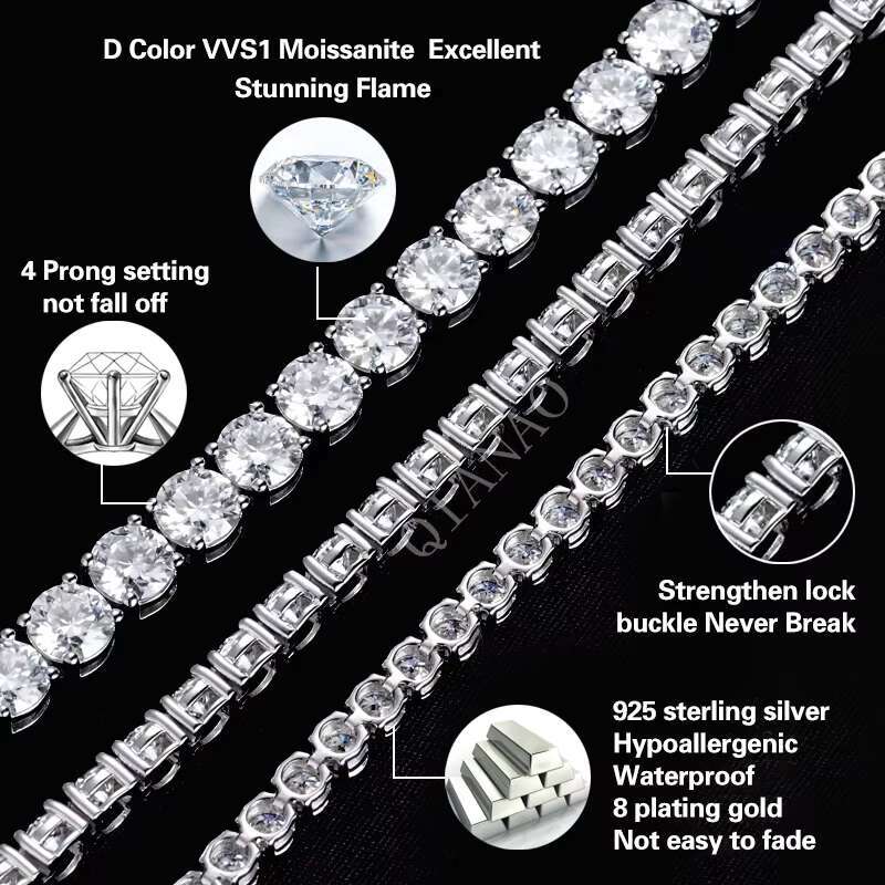 Hot Sale Hip Hop Style D VVS Diamond Moissanite Tennis Bracelet 3-6mm 925 Sterling Silver Gold Plated Moissanite Tennis Chains