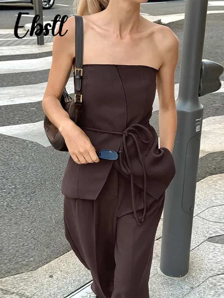 Slim Lace-up Split Tube Top Pants Set Womens Sexy Strapless Backless Vest Loose Wide Leg Trousers 2025 Summer Lady Outfits 250530