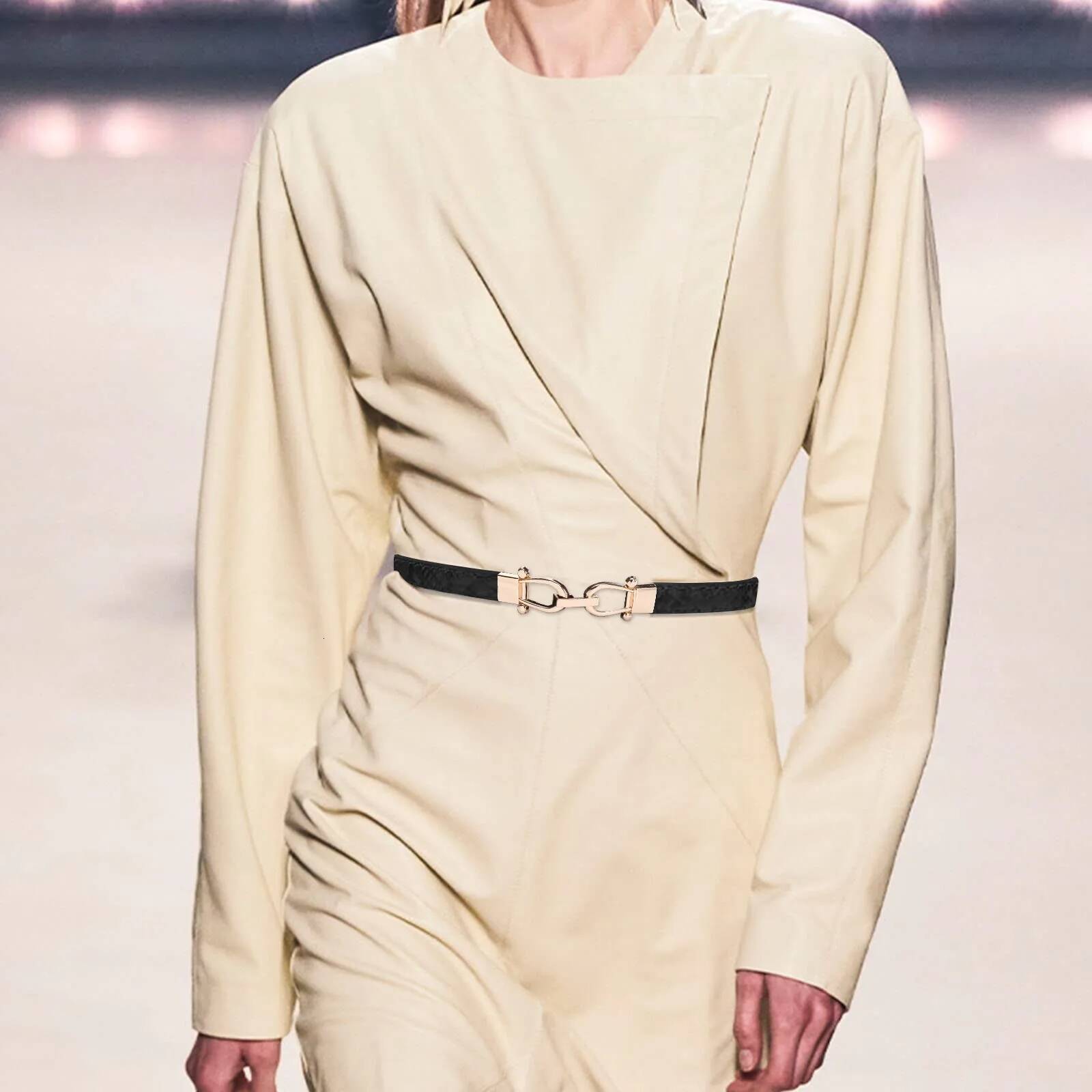 Women Skinny Leather Solid Color Alloy Turn Lock Adjustable Waistband Thin Waist For Dress Jeans Coat Dark Belt