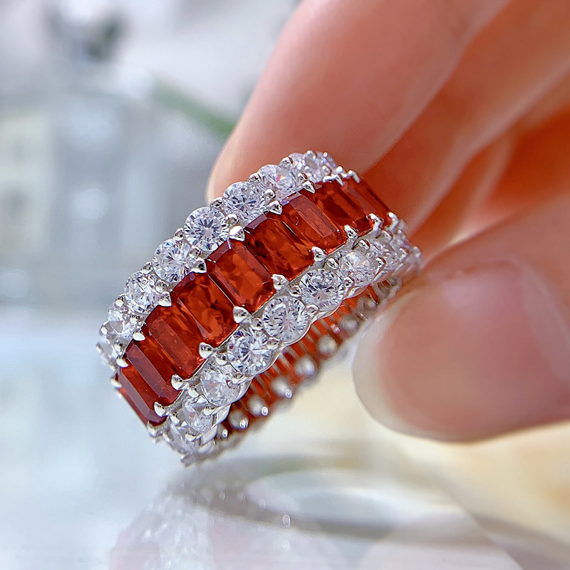 S925 sterling silver 3*5 colorful cubic zirconia imitation diamond sparkly gemstone mixed ring personalized fashionable cute wide-style band ring suit