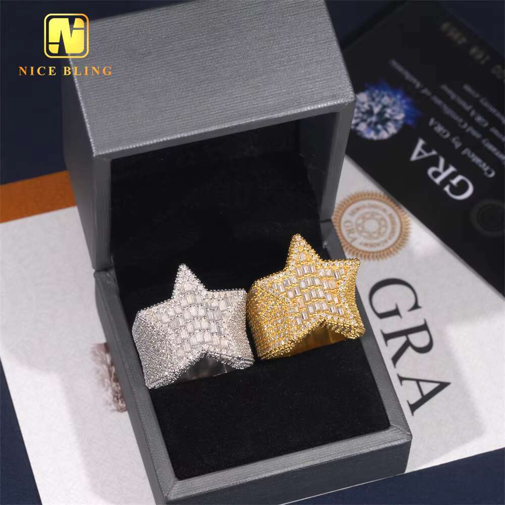 Shining Jewelry Baguette Moissanite Diamond Engagement Ring Men Hip Hop Jewelry 925 Silver Star Shaped Ring for Men
