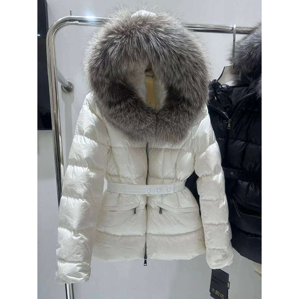 Coats Women Winter Black Hooded Fur Collar White Duck Down Puffer Thick Jacket with belt Slim Clothing High quality, fashionable, luxurious