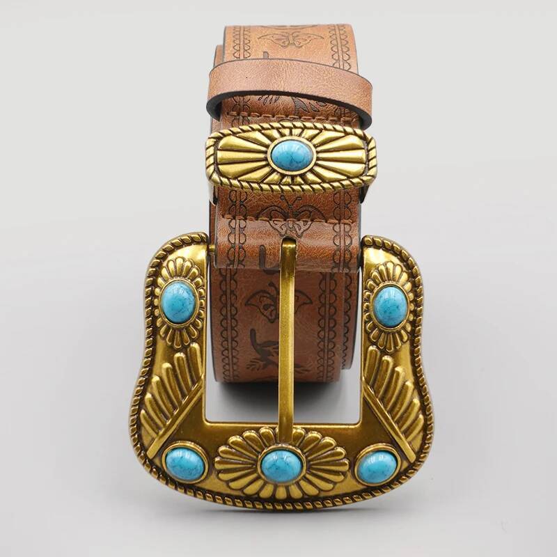 Royal Style Retro Emed Sapphire Inlaid Buckle Elegant Women's Belt Jeans Dress Fashionable Decoration