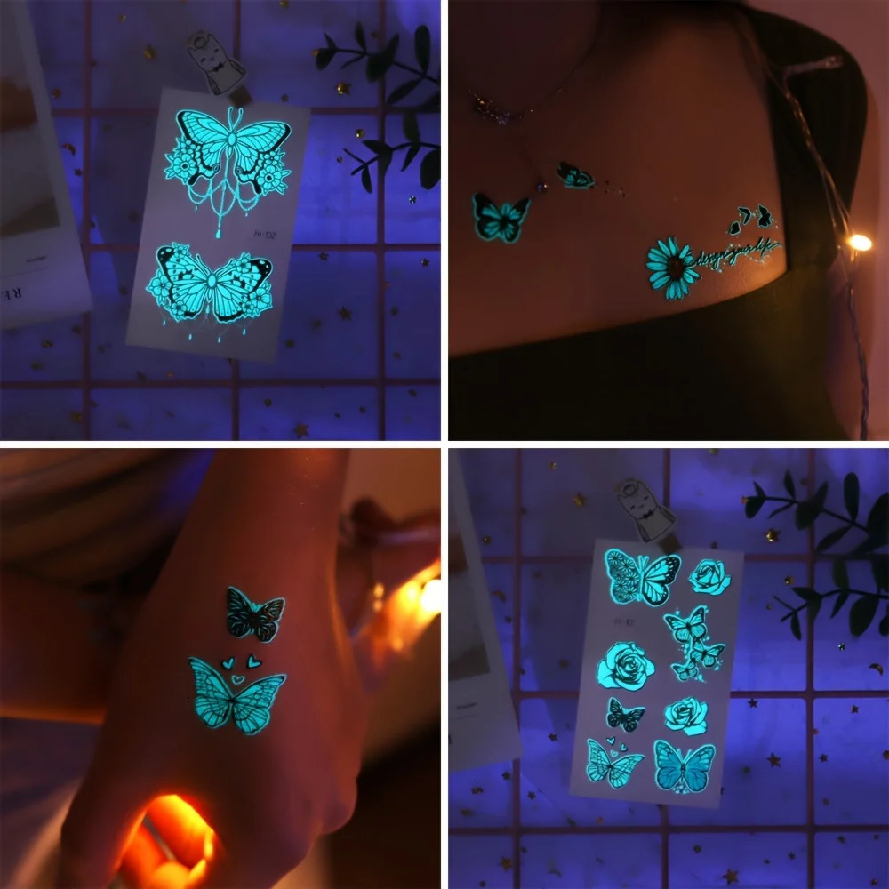 12 Sheets Butterfly Luminous Temporary Tattoo Blue Glow In the Dark Tattoo Sticker For Women Hands Face Tattoo Music Party Decor 250530
