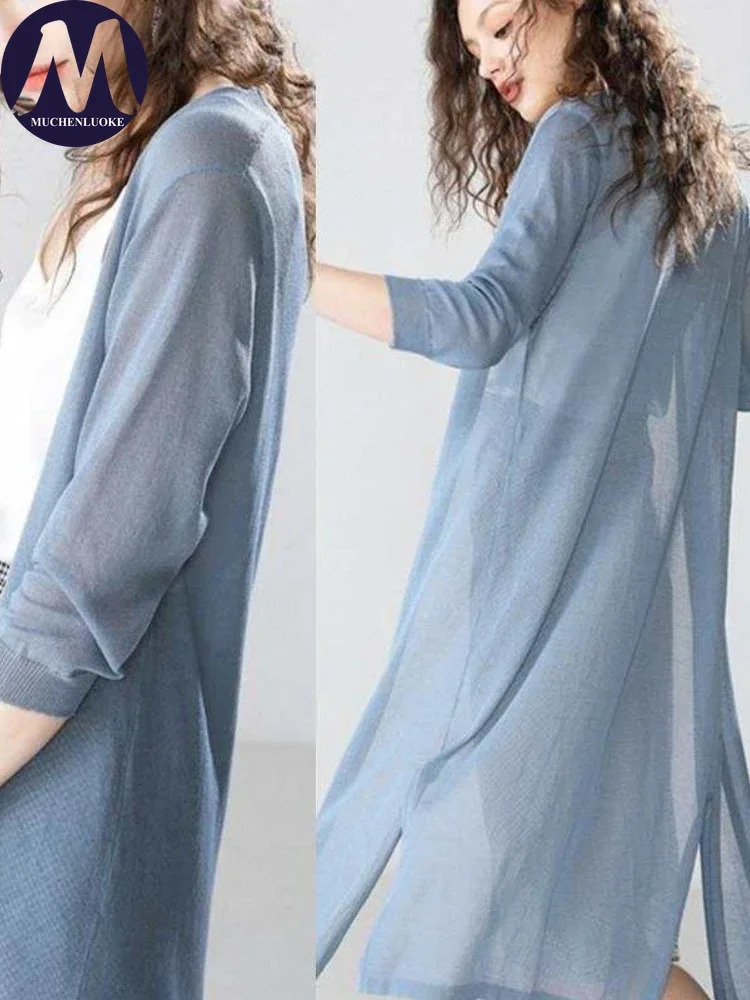 Womens Thin Style Knitted Cardigan Hollow Out Coats Long Sleeves Casual Loose Sunscreen Korean Fashion Summer 2025 250530