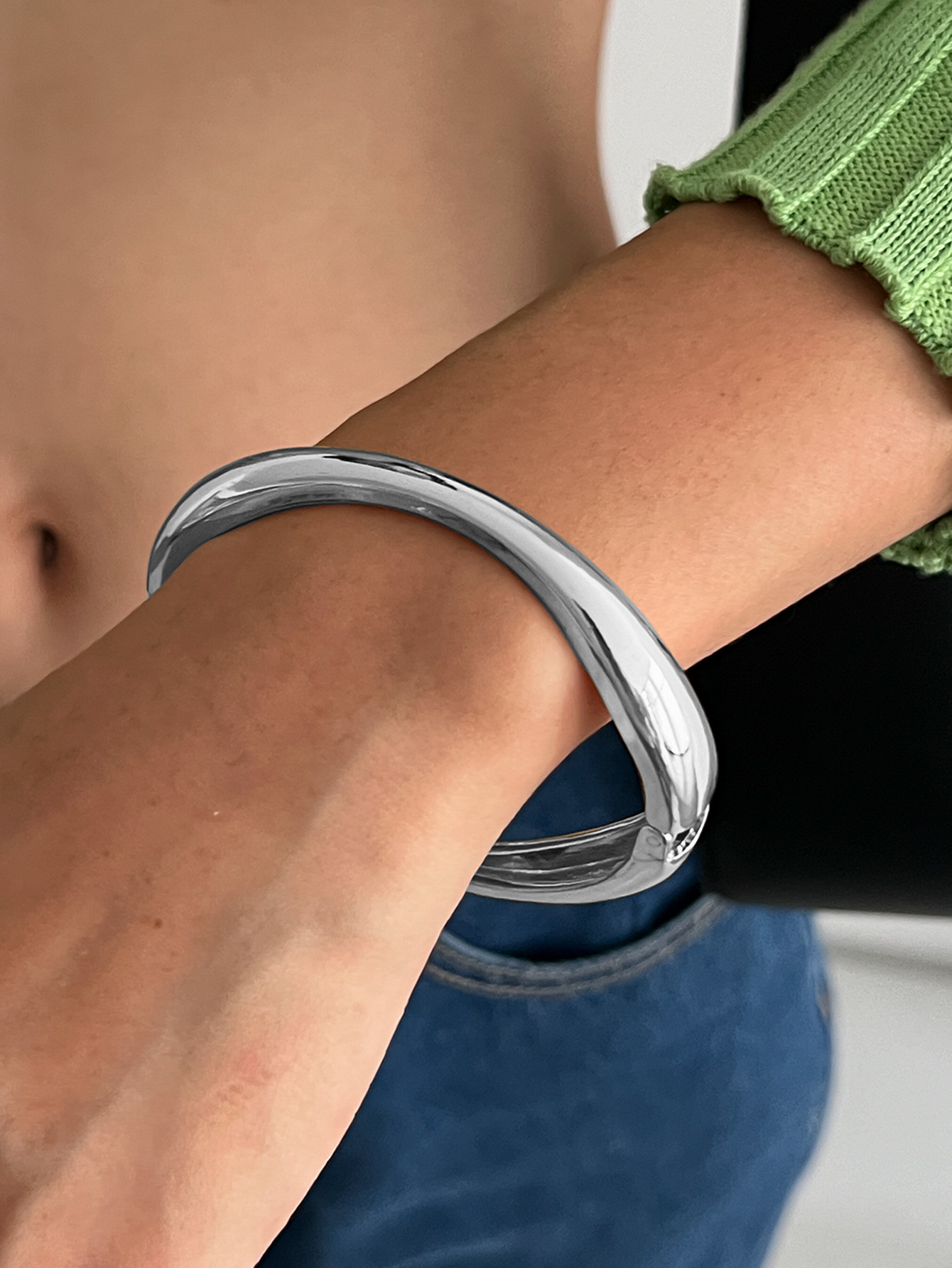 Women Edgy Punk Inspired Chunky Concave Glossy Open Cuff Bracelet Trendy Minimalist Statement Bangle