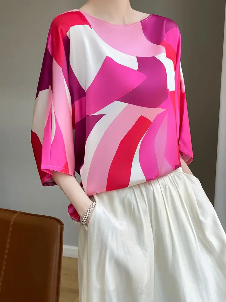 Summer Artificial Silk Satin Blouse Tee Women Slash Neck Thin Smooth T-shirt Silky Drop Shoulder Half Sleeve Loose Shirt Tops 250530