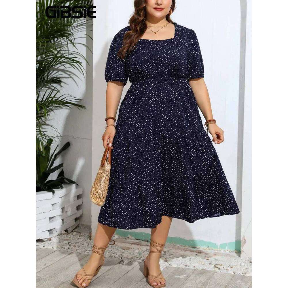 GIBSIE Plus Size Polka Dot Puff Sleeve Square Neck Dress Summer 2024 Women Vintage Casual Holiday Ruffle Hem Long Dresses High quality, fashionable, l