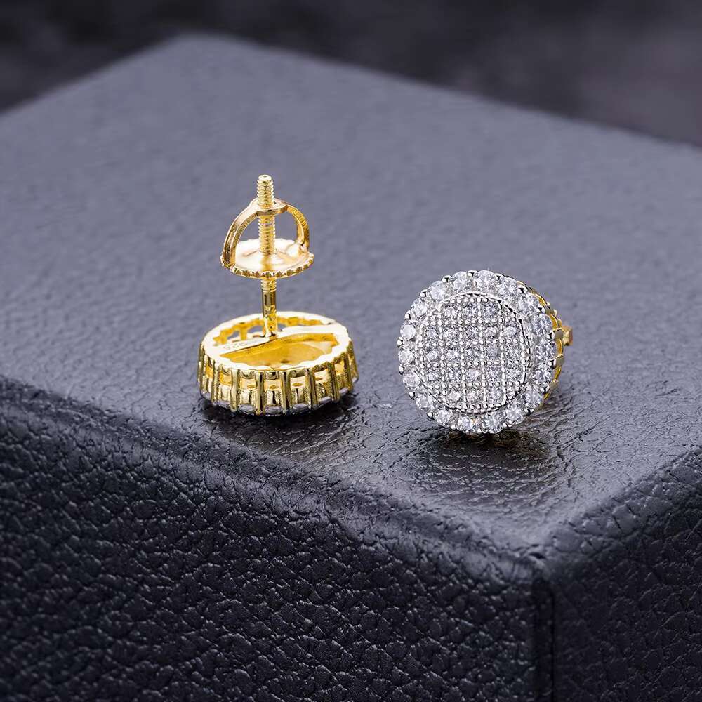 Fine Hip Hop Jewelry Iced Out Vvs Moissanite Gold White Gold Plated 925 Sterling Silver Round Stud Earrings for Men