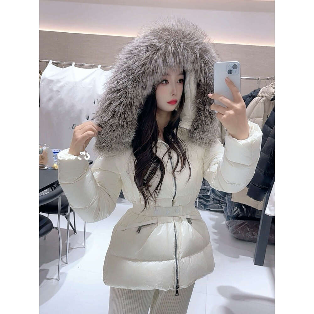 2024 New Slim Fit Versatile Goose with Fur Collar, Silver Fox Waist-Cinching Stylish Petite Coat Down Jacket