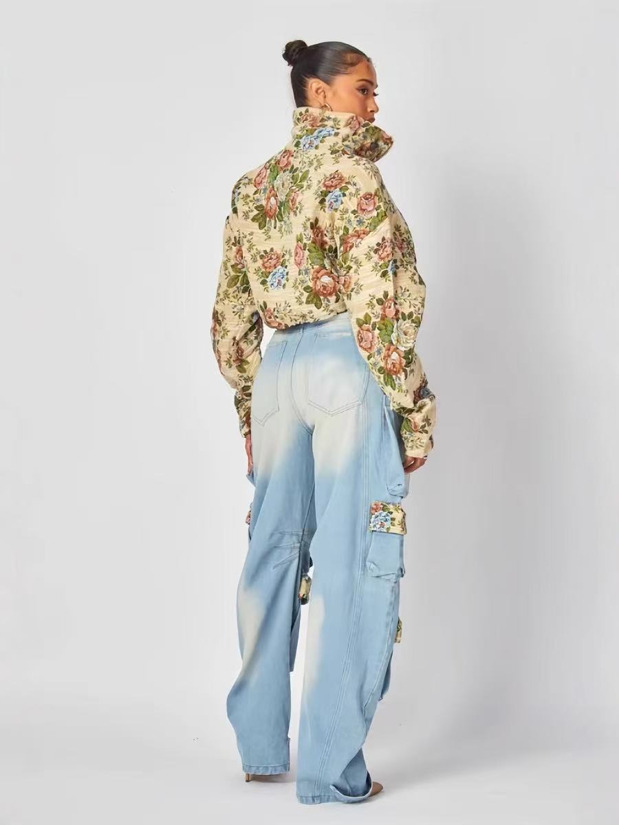 Denim Outfit Women Floral Patchwork Jean Zipper Drawstring Cropped Jacket Pockets Cargo Jeans 2 Piece Set Streetwear Tracksuits