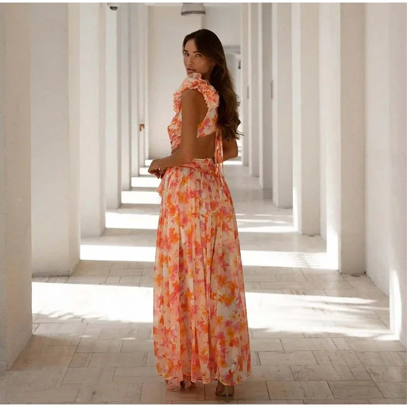 Basic Casual Dresses Summer Elegant Print Ruffles Hollow Out Long Dresses Women's Sexy Backless Sleeveless Lace-up High Waist Split Dress 2025 Ne
